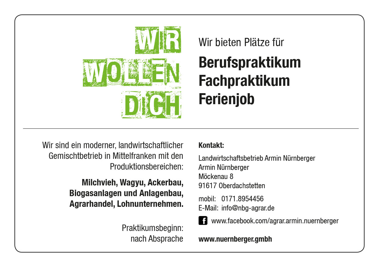 Stellenanzeige Berufspraktikum, Ferienjob, Fachpraktikum in der Landwirtschaft bei Armin Nürnberger in Möckenau, Jobs und Karriere